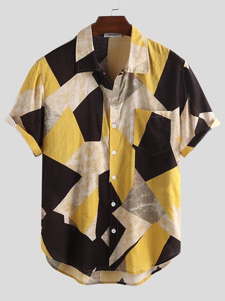 Summer Season Casual Printed Geometric Short Sleeve Men's Shirts & Tops, Yellow, Men