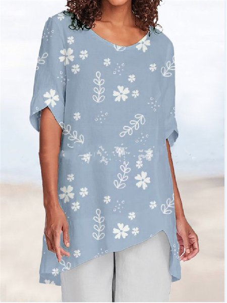 Half Sleeve Casual Halt Sleeve Shirt Printed Blouse, Lightblue, Tops