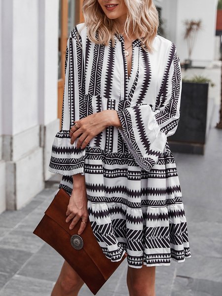 Sundress Bell Sleeve Vintage Geometric Midi Dress, White-black, Mini Dresses