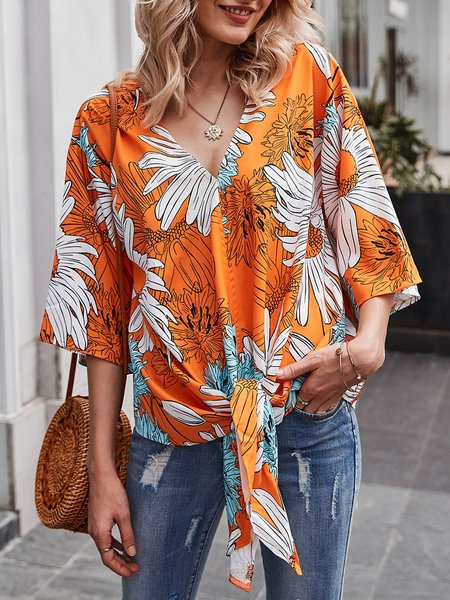 Floral Half Sleeve Lace-up Blouse, Orange, Blouses and Shirts