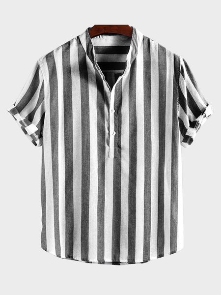 Summer Season Casual Striped Short Sleeve Stand Collar Men's Cotton Shirts & Tops, White, Men's Top