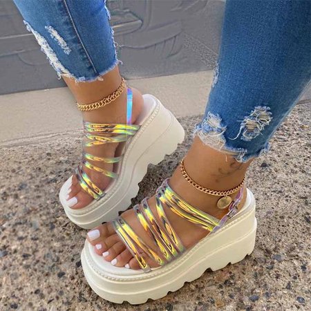 Color Summer Wedge Heel Pvc Sandals, White, Sandals
