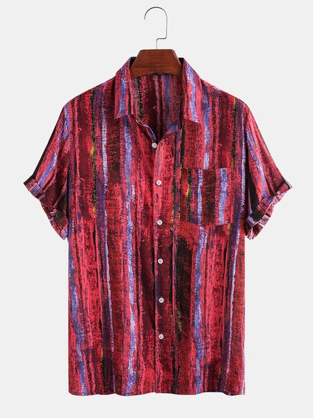 Men's Striped Printed Casual Loose Lapel Short Sleeve Shirt, Red, Shirts