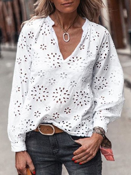 White V Neck Patchwork Casual Top, Tops
