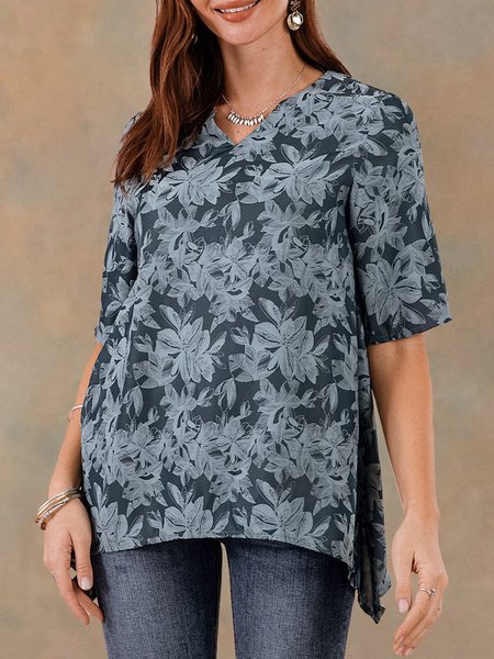 Women Jacquard Half Sleeve Leaves Blouse, Cyan, Blouses & Shirts