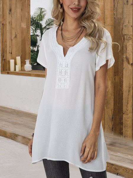 White Casual Shift Solid Linen Top, Tops