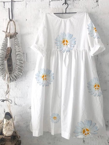 White Short Sleeve Casual Cotton Printed Dresses, Dresses