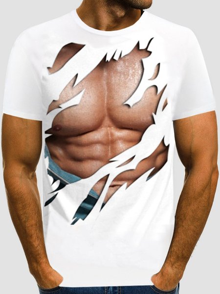 Summer White Casual Cartoon Printed Paneled Short Sleeve Men's T Shirts & Tops, Men