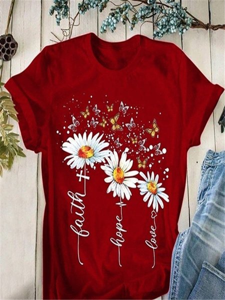 Casual Floral Crew Neck Short Sleeve Top, Red, Tees & T-shirts