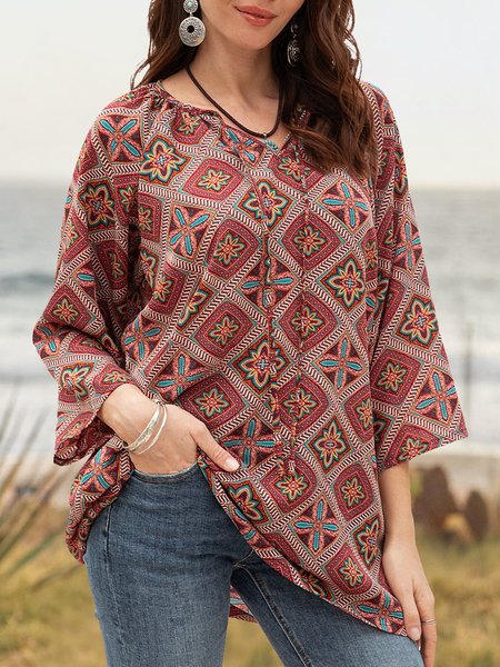 Women Boho Abstract V Neck Blouse, Multicolors, Long sleeve tops