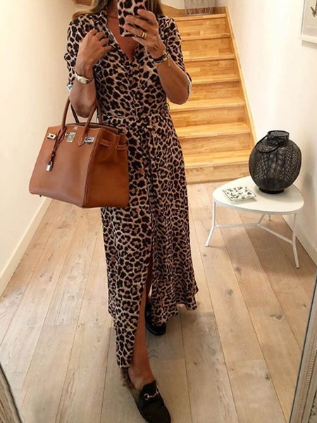 Leopard Printed Casual Shirt Collar Patchwork Weaving Dress, Dresses