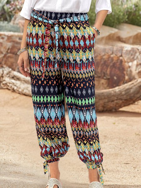Women Printed Abstract Boho Pants, Multicolor, Pants