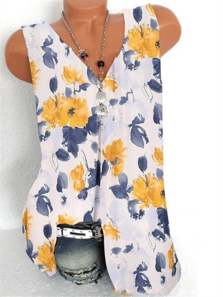 Floral Casual V Neck Tanks & Camis Printed Blouses, Yellow, Tank Tops & Camis