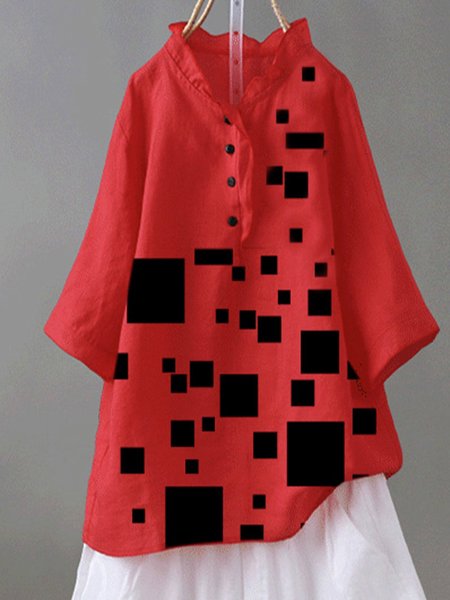 Red Cotton-Blend Short Sleeve Geometric Tops, Tops