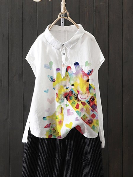 White Cotton-Blend Short Sleeve Animal Tops, Tops