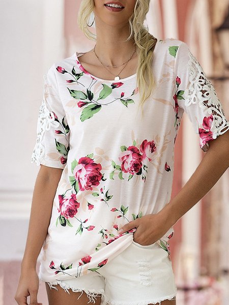 Eyelet Casual Floral Top, White, Blouses and Shirts