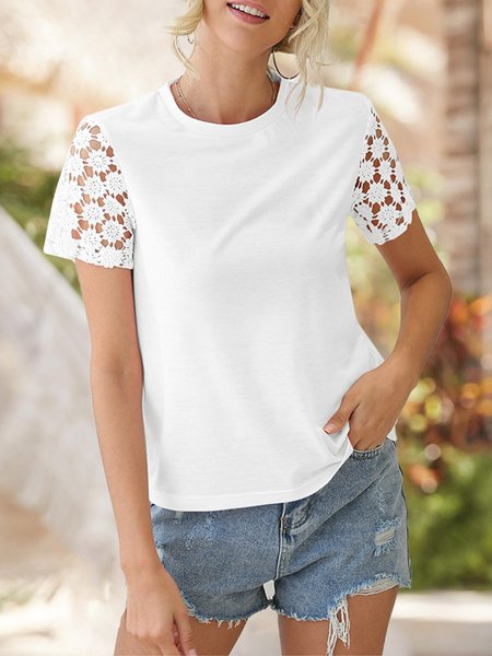 Simple Basic Shift Crew Neck Short Sleeve Lace Tops, White, Blouses and Shirts
