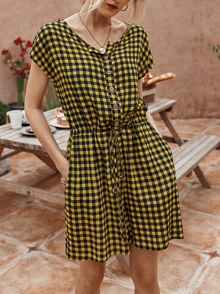 Short Plaid Sleeve Casual Jumpsuit & Romper Romper, Yellow, Rompers