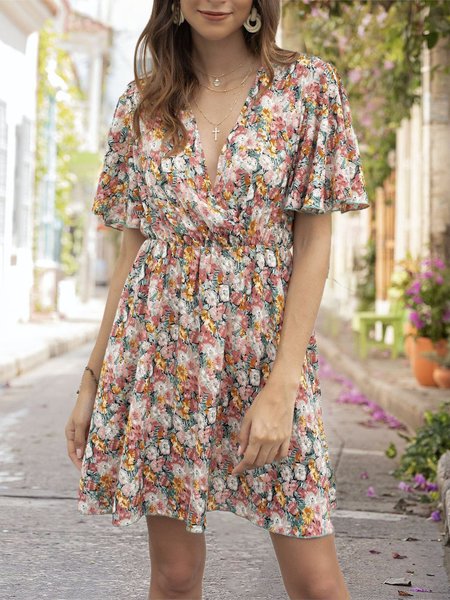 V Neck A-Line Holiday Printed Mini Dress, Pink, Mini Dresses
