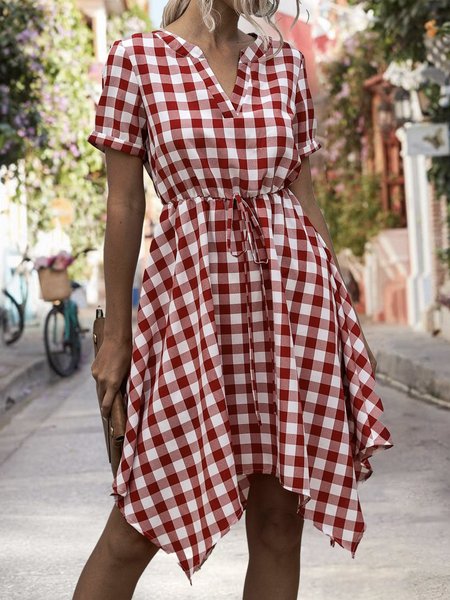 V Neck Holiday Drawstring Checkered/plaid Mini Dress, Red, Midi Dresses