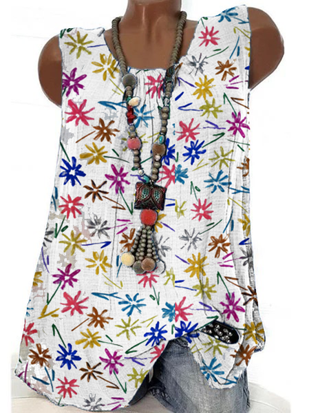 White Sleeveless Cotton Floral Shirts & Tops, Tank Top