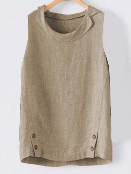 Casual Asymmetrical Neck Khaki Button Sleeveless Linen Tank Top, Tank Tops & Camis