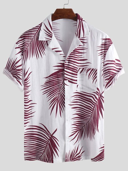 Hawaiian holiday floral print Polo short sleeve loose shirt, Red, Blouses&Shirts