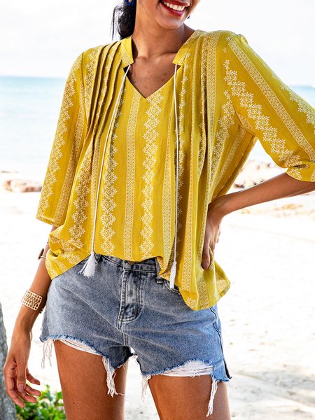 Yellow Paneled Half Sleeve Boho Top, Blouses and Shirts