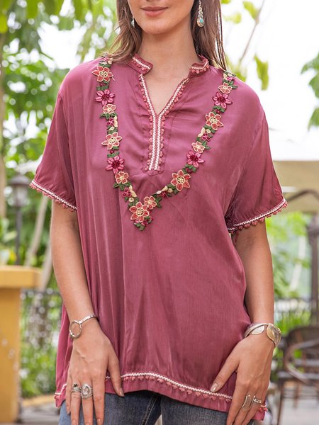 Women Short Sleeve Tribal Embroidery Top, Dark pink, Tops