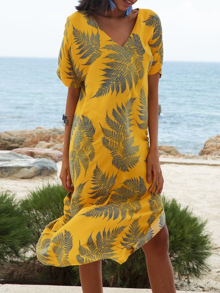V Neck Yellow Shift Casual Midi Dress, Midi Dresses