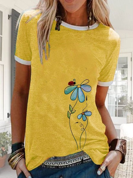 Printed Short Sleeve Crew Neck Casual Top, Yellow, Tees & T-shirts