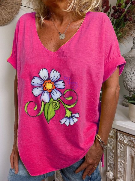Pink V Neck Short Sleeve T-shirt, T-shirts