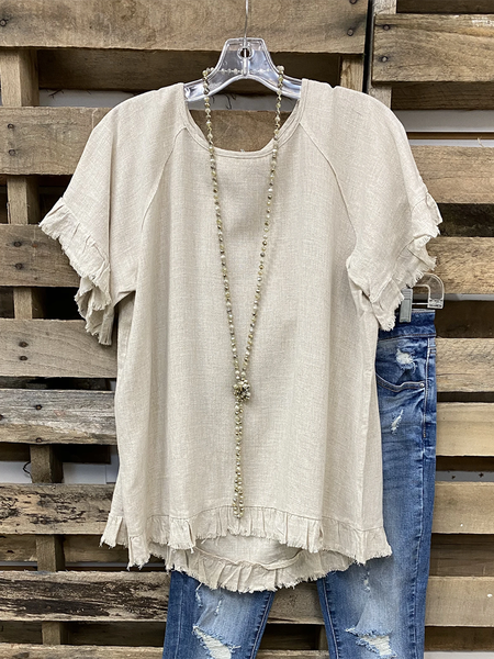 Khaki Casual Plain Linen T-shirt, T-Shirts
