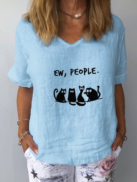 Cats Print Casual Linen Short Sleeve T-shirt, Light blue, T-shirts