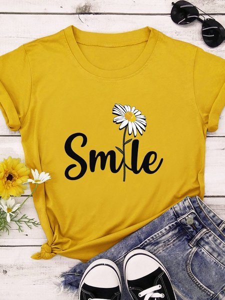 Printed Casual Short Sleeve T-shirt, Yellow, Tees & T-shirts