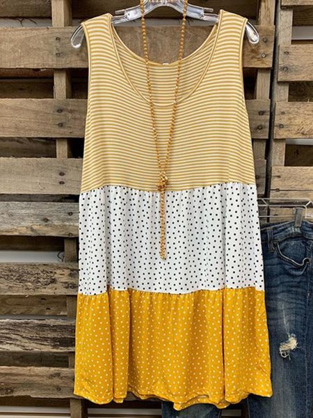Yellow Patchwork Round Neck Sleeveless Tops, Tops