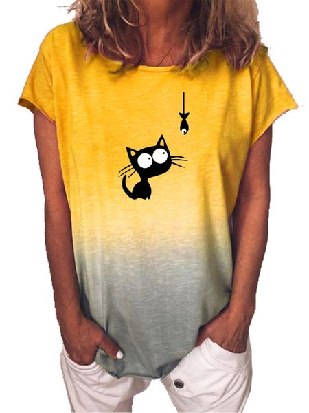 Casual Shift Animal Tops, Yellow, T-Shirts