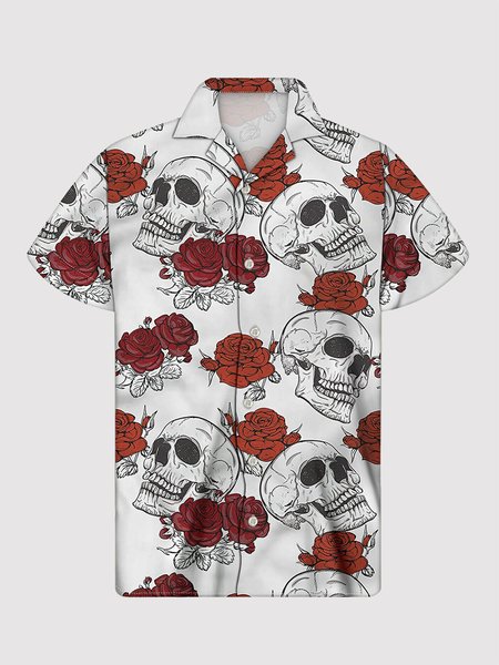 Men's White Casual Shirt Collar Printed Skull Shirts, Men's Floral shirt