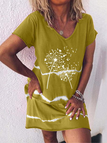 V Neck Printed Holiday Knitting Dress, Yellow, Floral Dresses