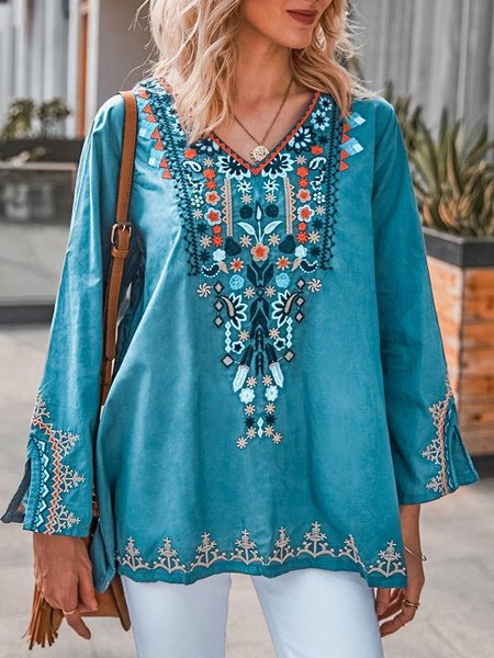 V-neck Long Sleeve Floral Embroidery Blouse, Lake blue, Blouses and Shirts
