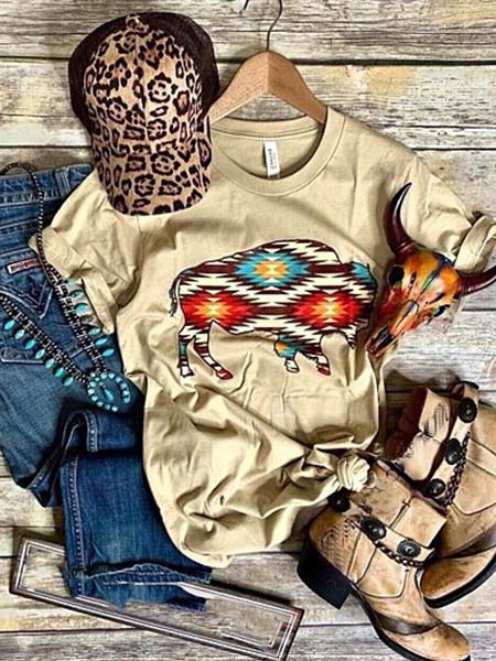 Light Brown Shift Short Sleeve Round Neck Abstract Shirts & Tops, Tops