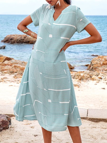 Blue Short Sleeve Striped Floral-Print A-Line Maxi Dresses, Midi Dresses