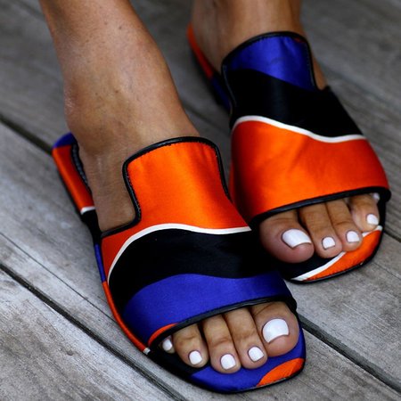 Satin Summer Flat Heel Slippers, Blue-black, Sandals