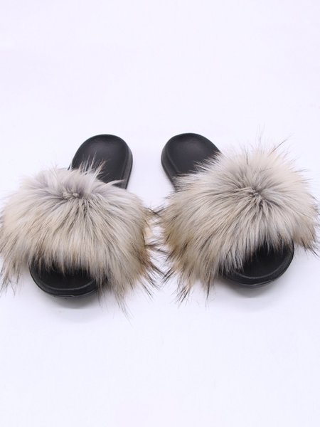 Summer Flat Heel Fur Slippers Women Shoes Sandals, White-brown, Sandals