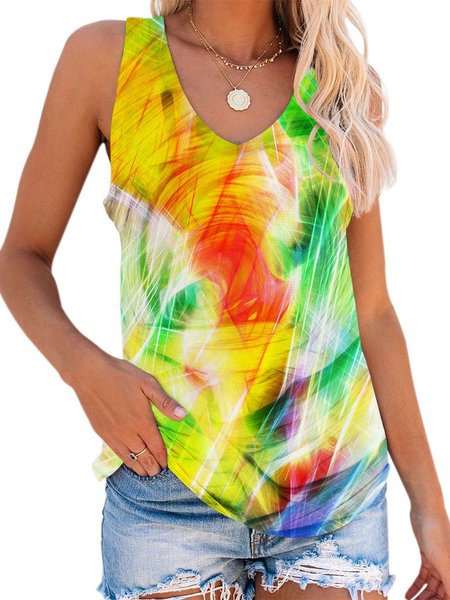 Sleeveless Casual Color-Block Shirts & Tops, Yellow, Tank Tops