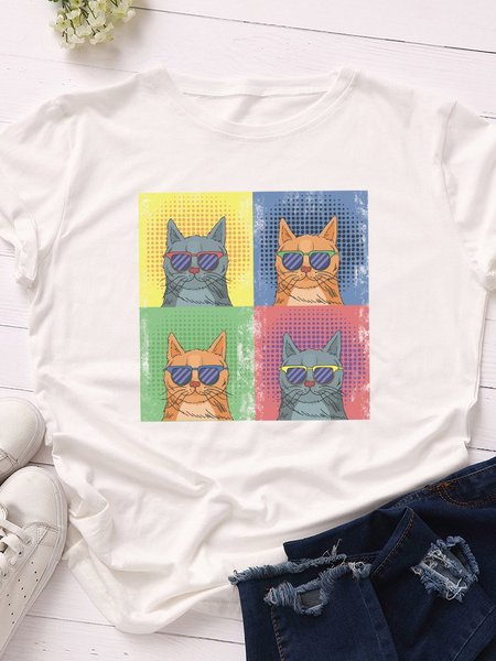 Cotton-Blend Casual Printed Shirts & Tops, White, T-shirts