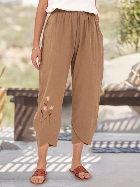 Brown Embroidered Shift Simple Pant, Linen Pants