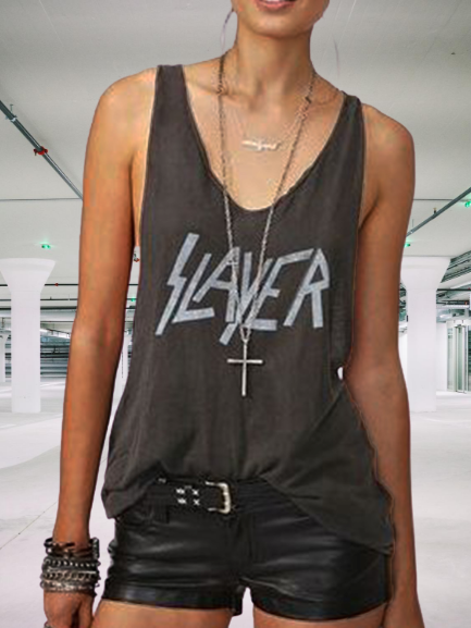 Gray Basic Crew Neck Letter Vests, Tops
