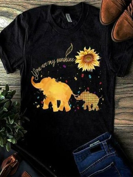 Casual plus size loose summer baby elephant chrysanthemum pattern printed short-sleeved round neck T-shirt, Black, Tops