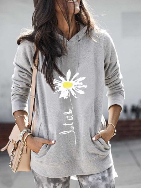 Light Gray Hoodie Casual Patchwork Printed Sweatshirt, Tops